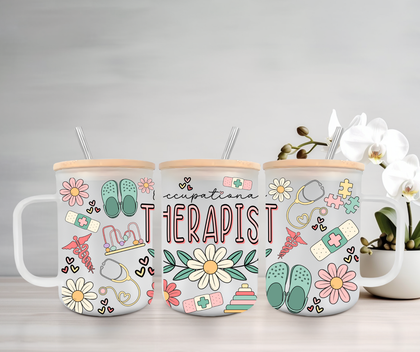 Occupational Therapist | UVDTF | 15oz Mug with Handle, Bamboo Lid & Straw