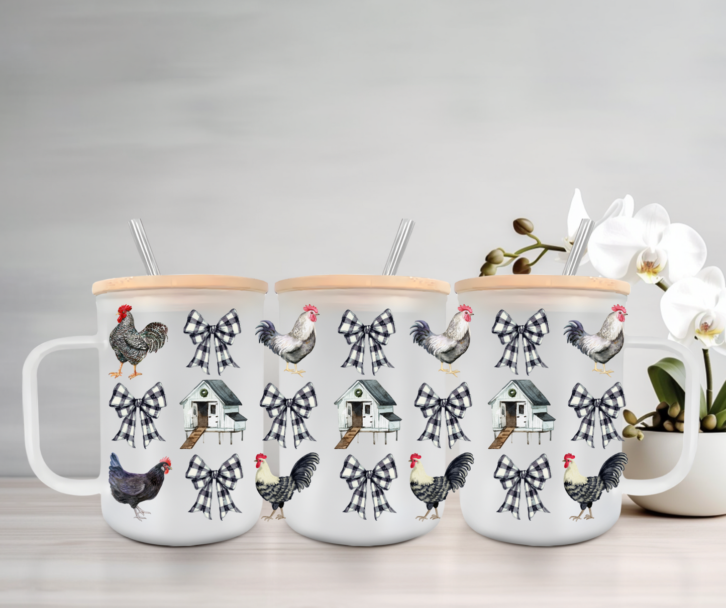 Farmhouse Coquette | UVDTF | 15oz Mug with Handle, Bamboo Lid & Straw
