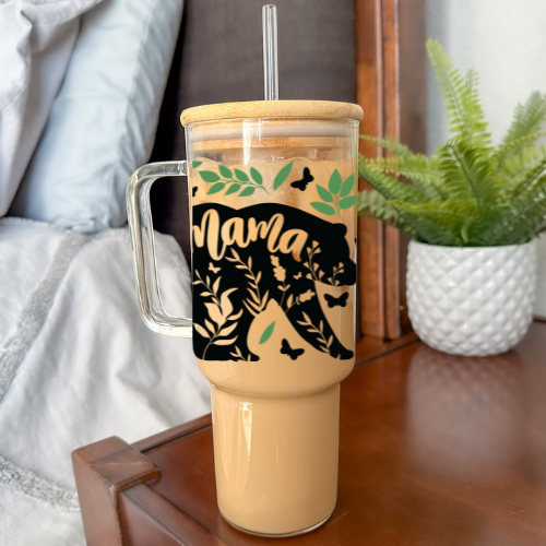 Mama Bear | VINYL | 40 oz Glass Tumbler with Bamboo Lid & Straw