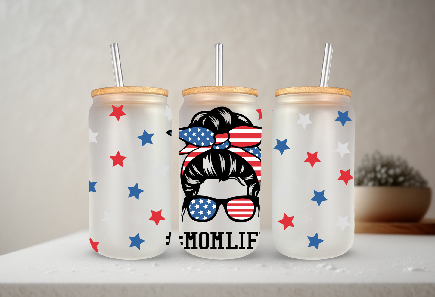 Patriotic Mom Life | UVDTF | 20 oz Libbey Can Glass with Bamboo Lid & Straw