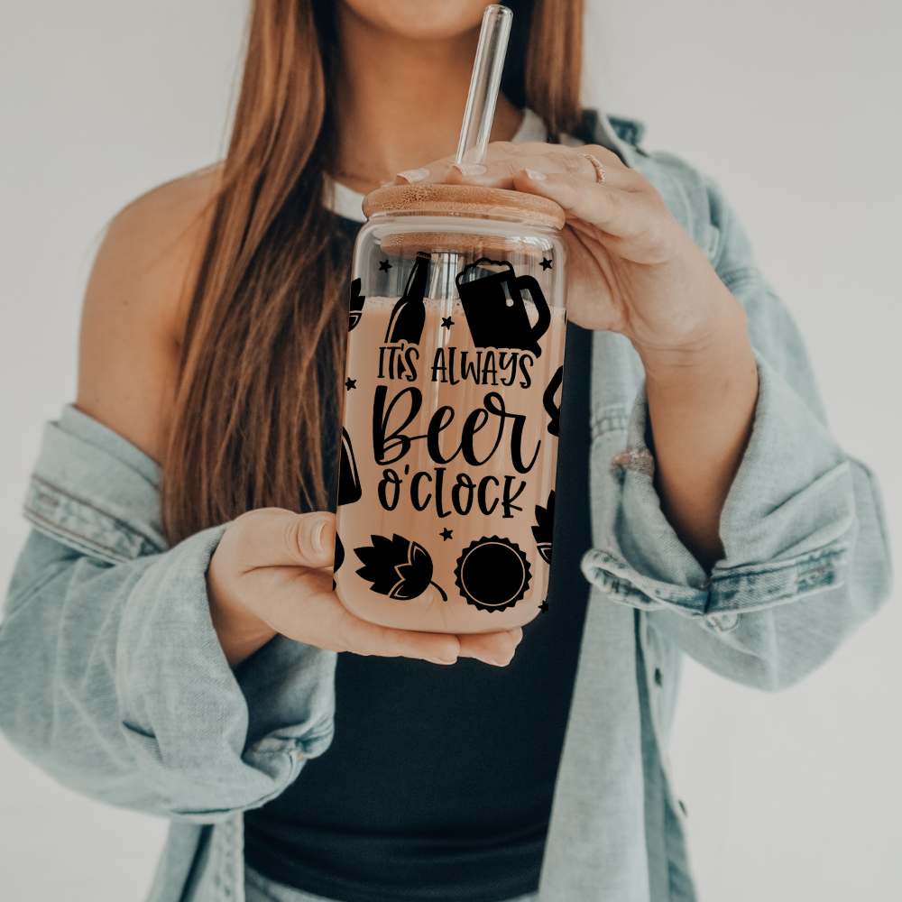 Beer O'Clock | UVDTF | 20 oz Libbey Can Glass with Bamboo Lid & Straw