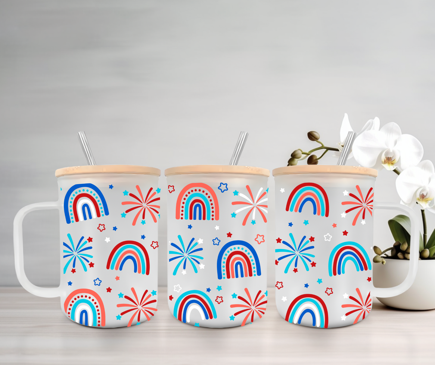Patriotic Party | UVDTF | 15oz Mug with Handle, Bamboo Lid & Straw