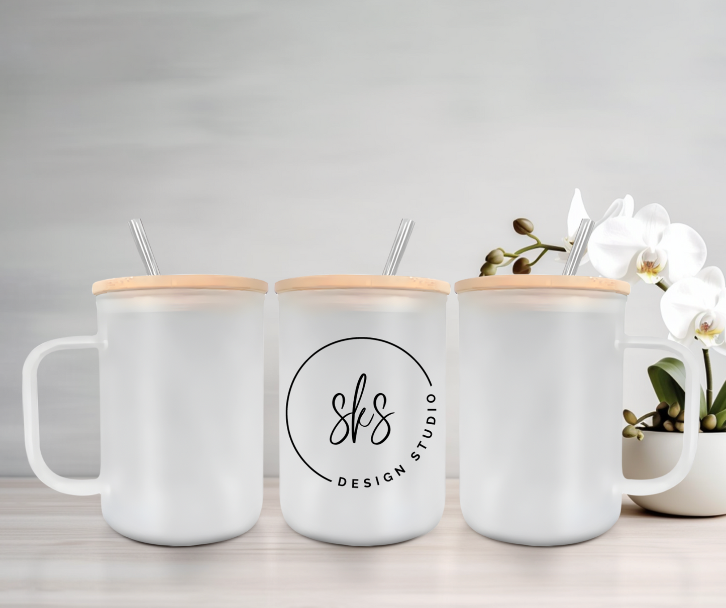 CUSTOM LOGO | UVDTF | 15oz Mug with Handle, Bamboo Lid & Straw