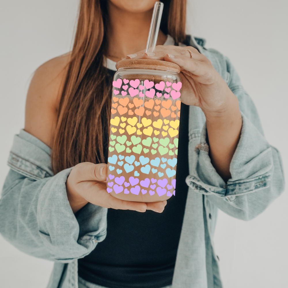 Rainbow Hearts | VINYL | 20 oz Libbey Can Glass with Bamboo Lid & Straw