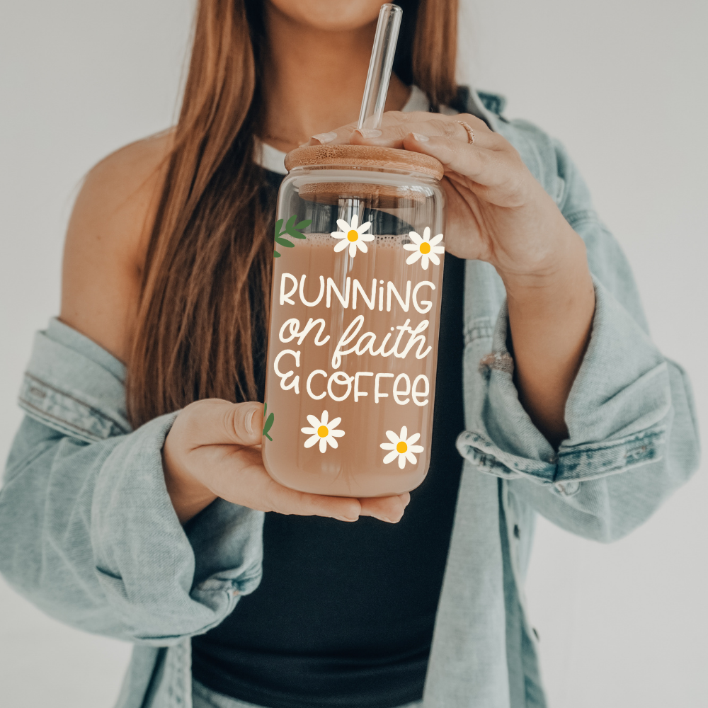 Running on Faith & Coffee | VINYL | 20 oz Libbey Can Glass with Bamboo Lid & Straw