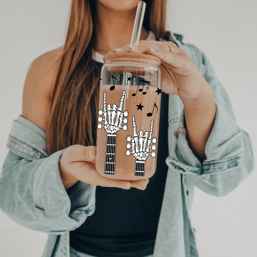 Skeleton Guitar | VINYL | 20 oz Libbey Can Glass with Bamboo Lid & Straw