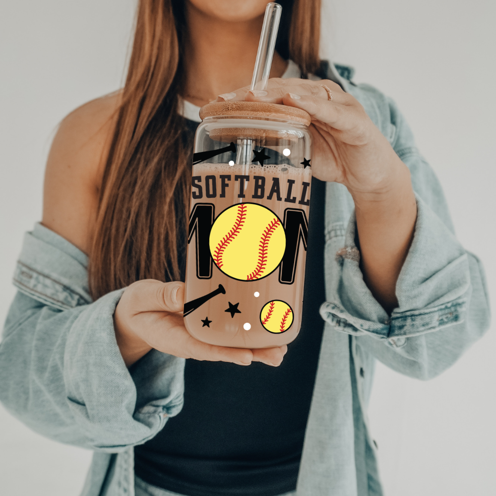 Softball Mom | VINYL | 20 oz Libbey Can Glass with Bamboo Lid & Straw