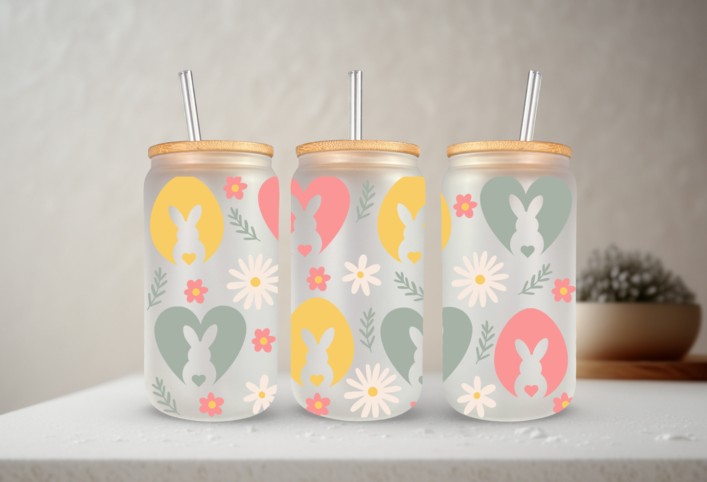 Easter Rabbits | UVDTF | 20 oz Libbey Can Glass with Bamboo Lid & Straw