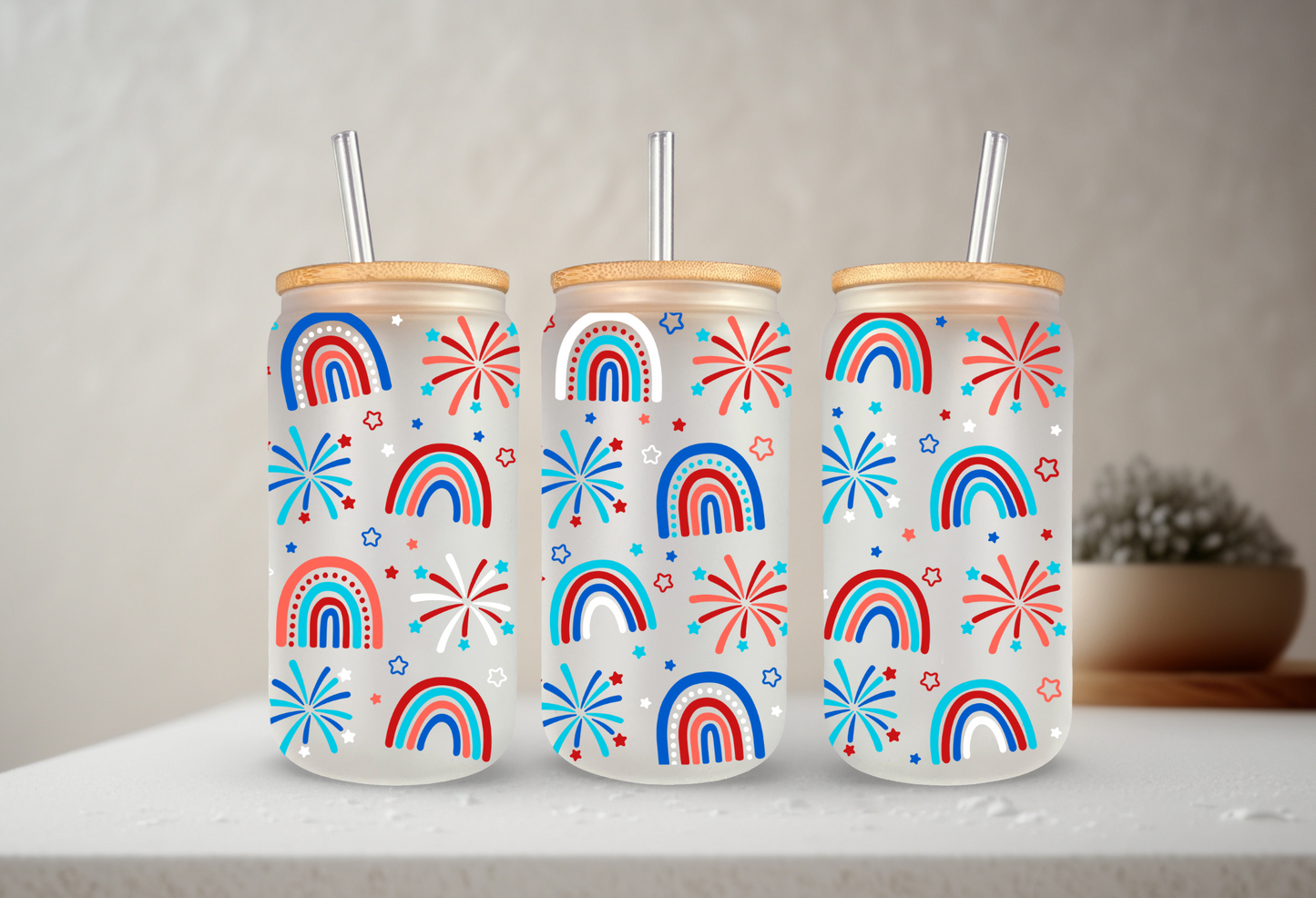 Patriotic Party | UVDTF | 20 oz Libbey Can Glass with Bamboo Lid & Straw