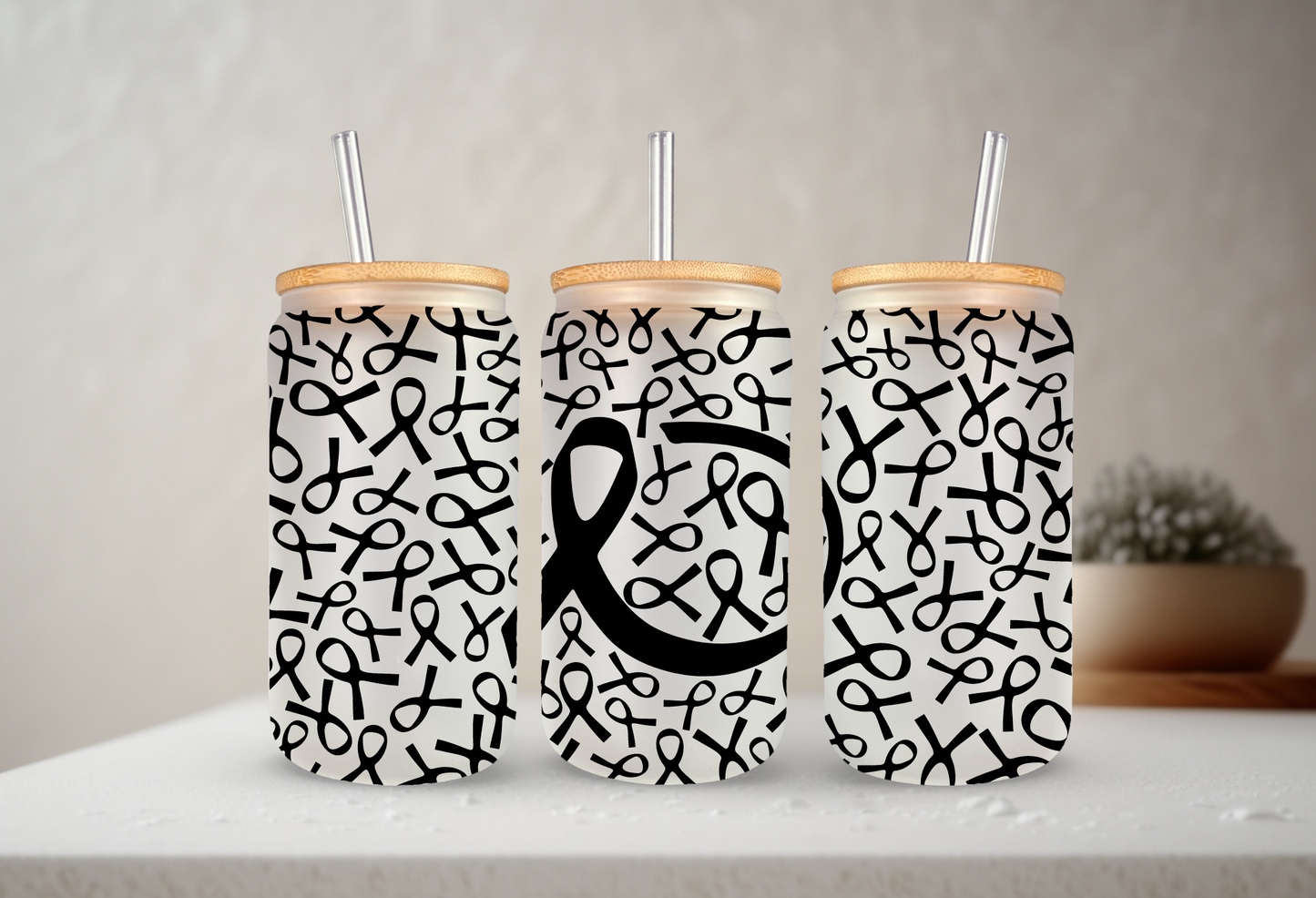 Awareness Ribbon (Choose Your Color) | UVDTF | 20 oz Libbey Can Glass with Bamboo Lid & Straw