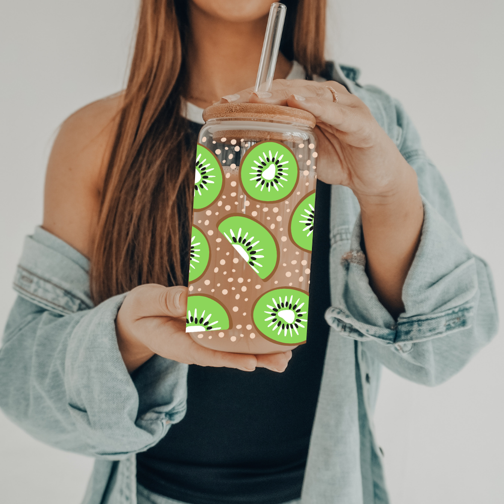 Kiwi | UVDTF | 20 oz Libbey Can Glass with Bamboo Lid & Straw