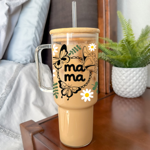 Mama Daisy | UVDTF | 40 oz Glass Tumbler with Bamboo Lid & Straw