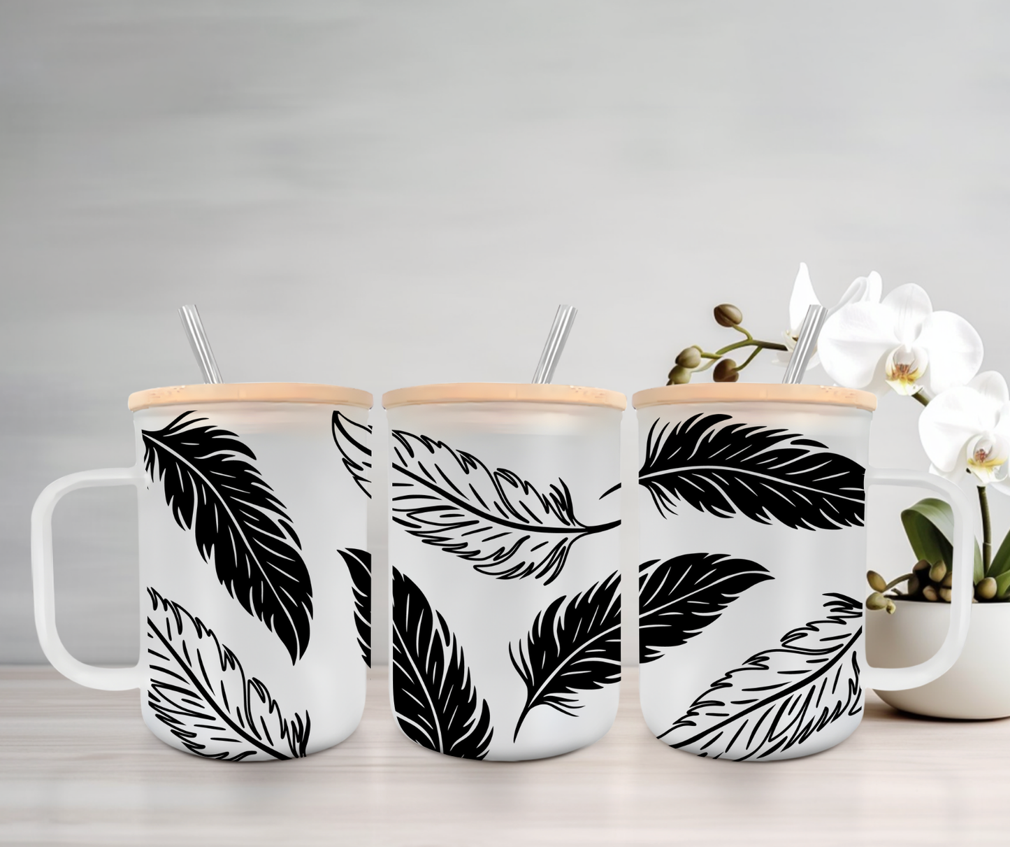 Feathers | VINYL | 15oz Mug with Handle, Bamboo Lid & Straw