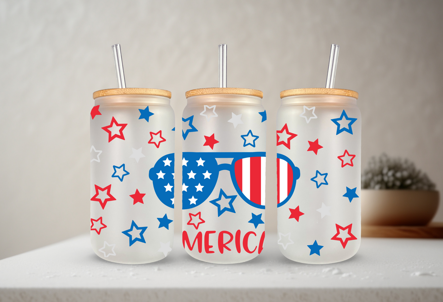 Patriotic Sunnies #merica | UVDTF | 20 oz Libbey Can Glass with Bamboo Lid & Straw