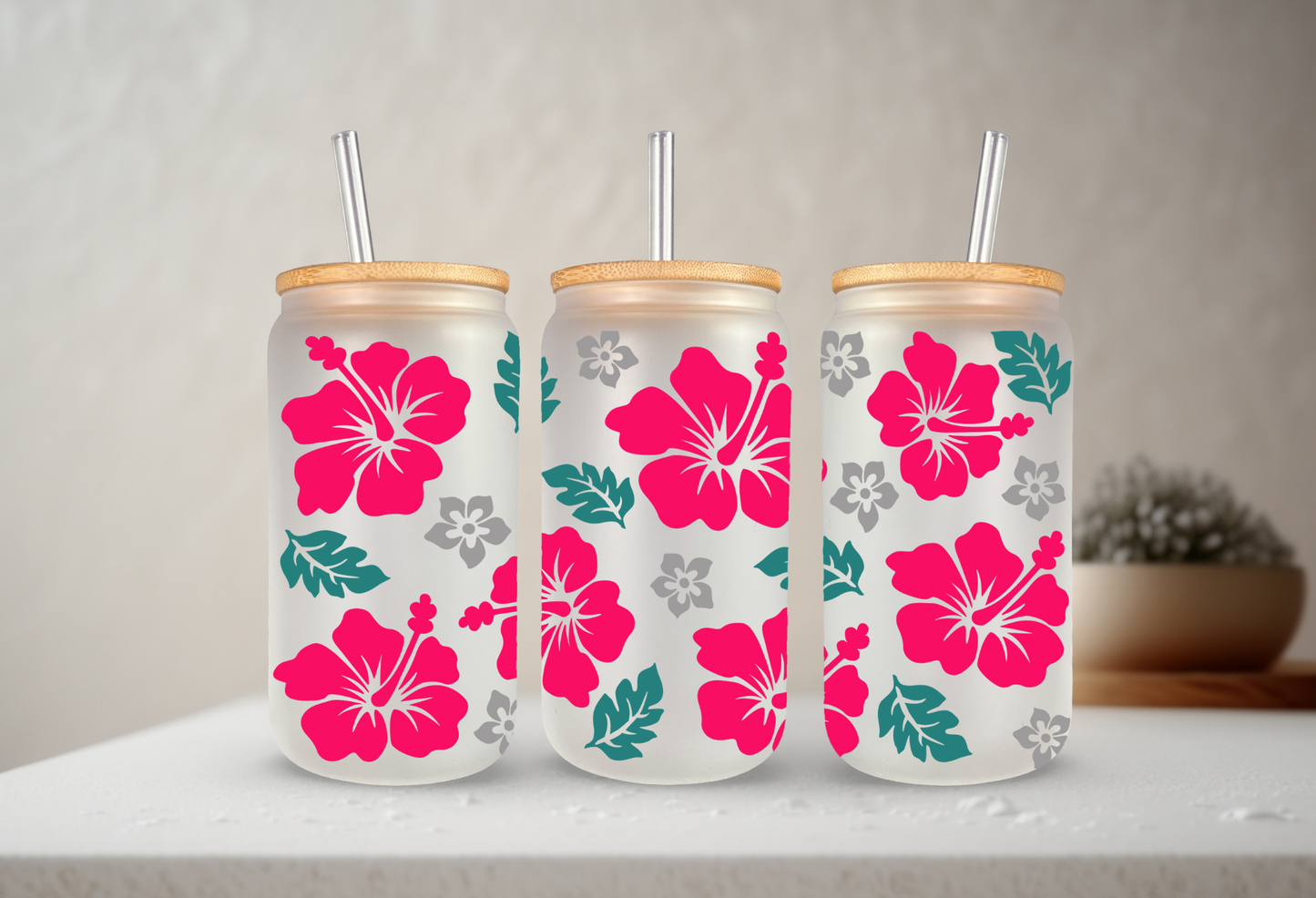 Hibiscus | UVDTF | 20 oz Libbey Can Glass with Bamboo Lid & Straw