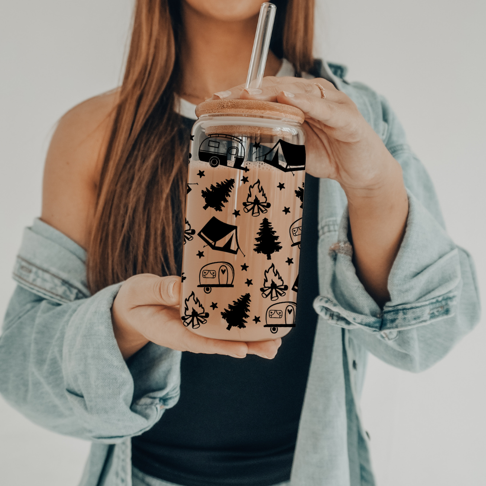 Camping | VINYL | 20 oz Libbey Can Glass with Bamboo Lid & Straw
