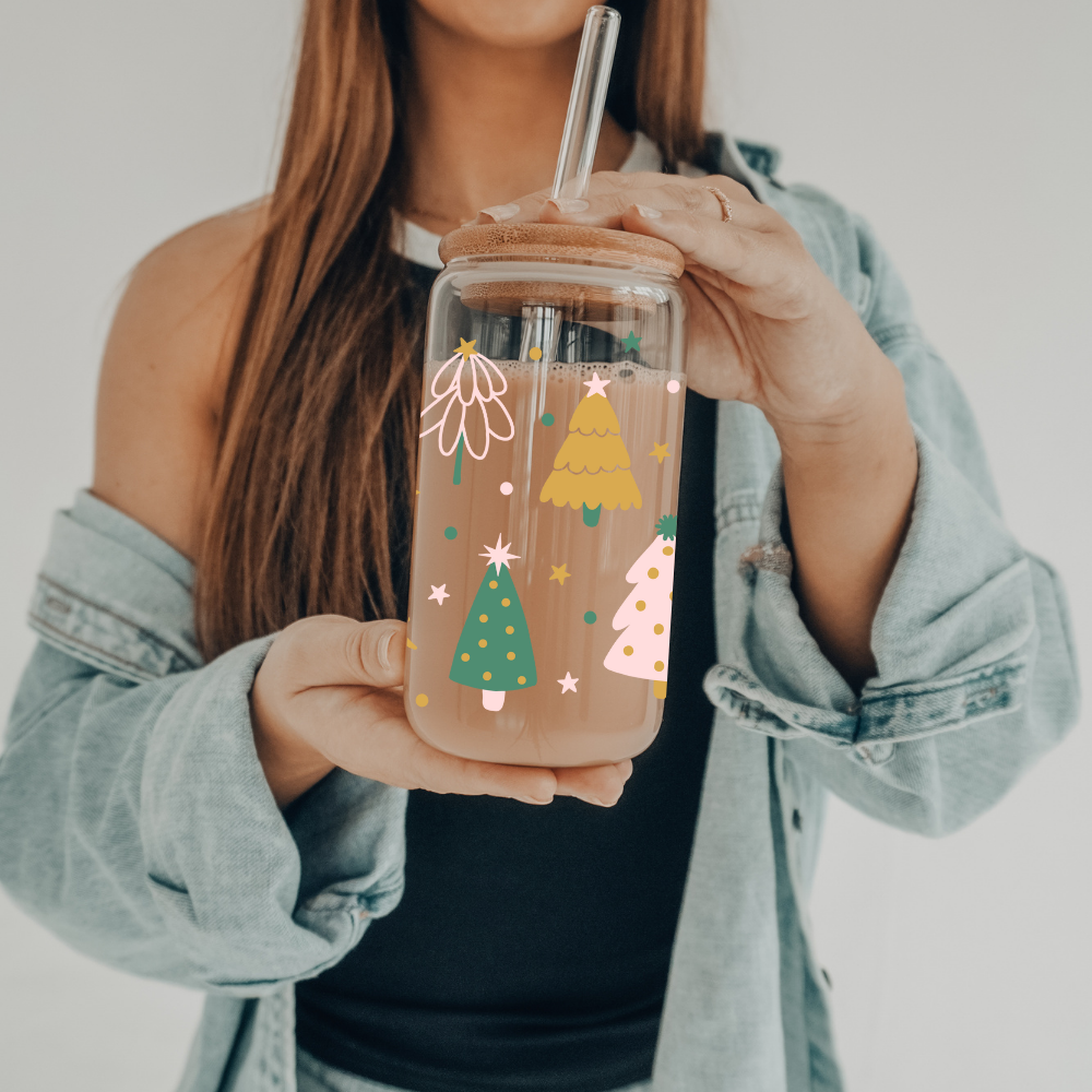 Boho Christmas Trees | VINYL | 20 oz Libbey Can Glass with Bamboo Lid & Straw