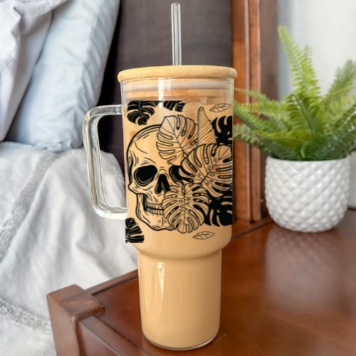 Monstera Skull | VINYL | 40 oz Glass Tumbler with Bamboo Lid & Straw