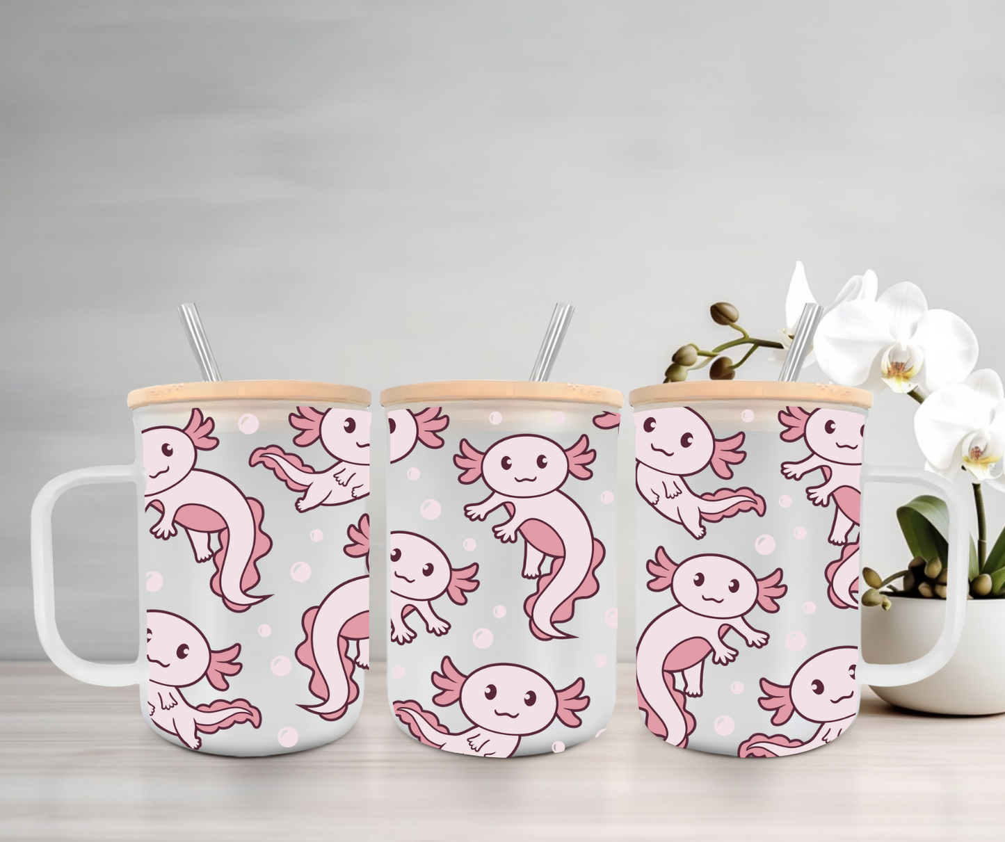 Axolotl | UVDTF | 15oz Mug with Handle, Bamboo Lid & Straw