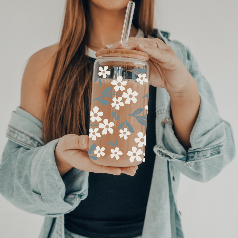 Summer Daisies | VINYL | 20 oz Libbey Can Glass with Bamboo Lid & Straw