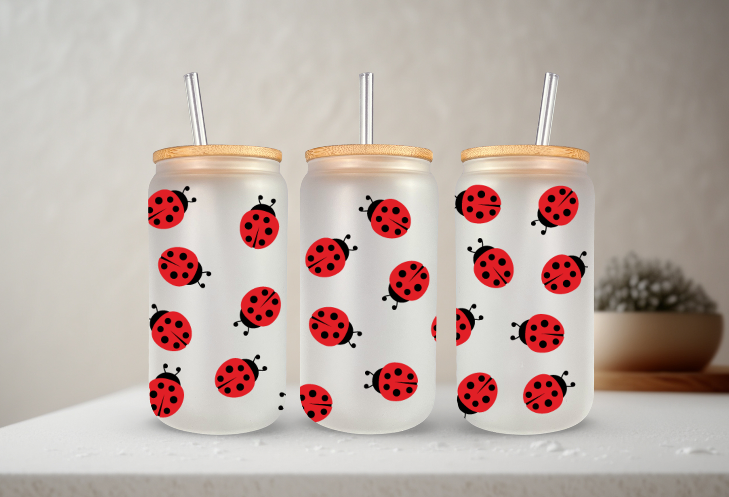 Ladybug | VINYL | 20 oz Libbey Can Glass with Bamboo Lid & Straw