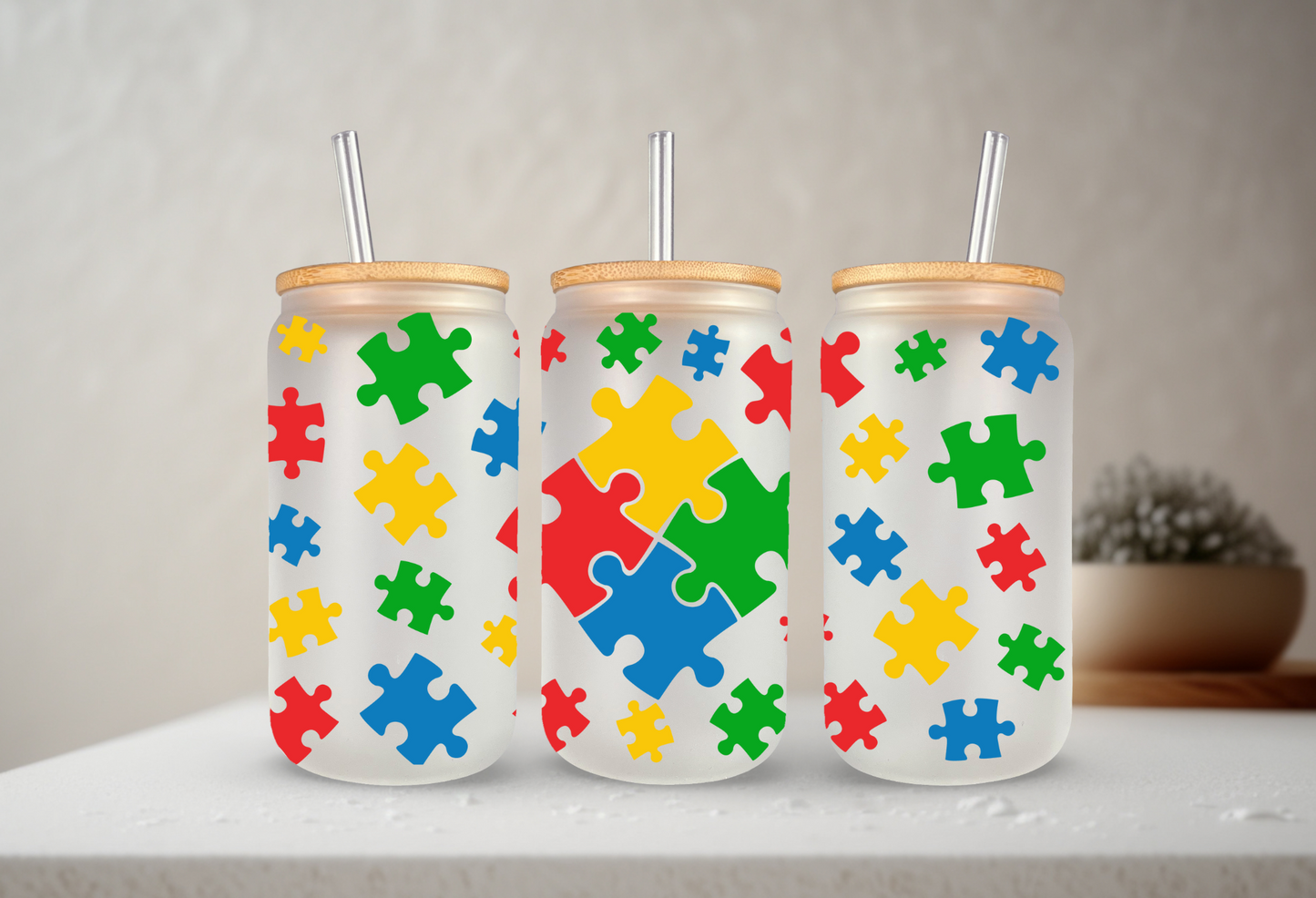 Autism Love | UVDTF | 20 oz Libbey Can Glass with Bamboo Lid & Straw