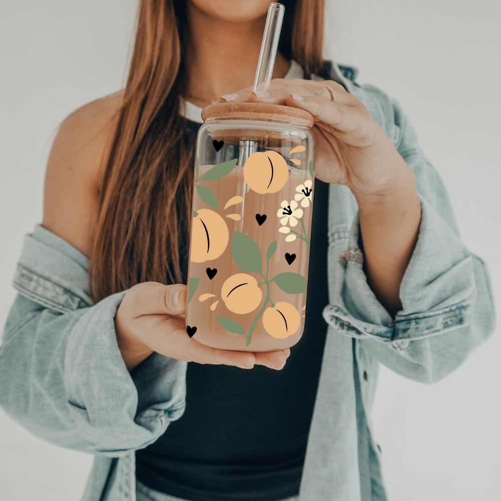 Peaches | UVDTF | 20 oz Libbey Can Glass with Bamboo Lid & Straw