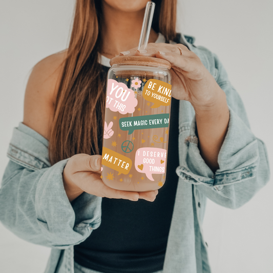 Self Love Notes | UVDTF | 20 oz Libbey Can Glass with Bamboo Lid & Straw