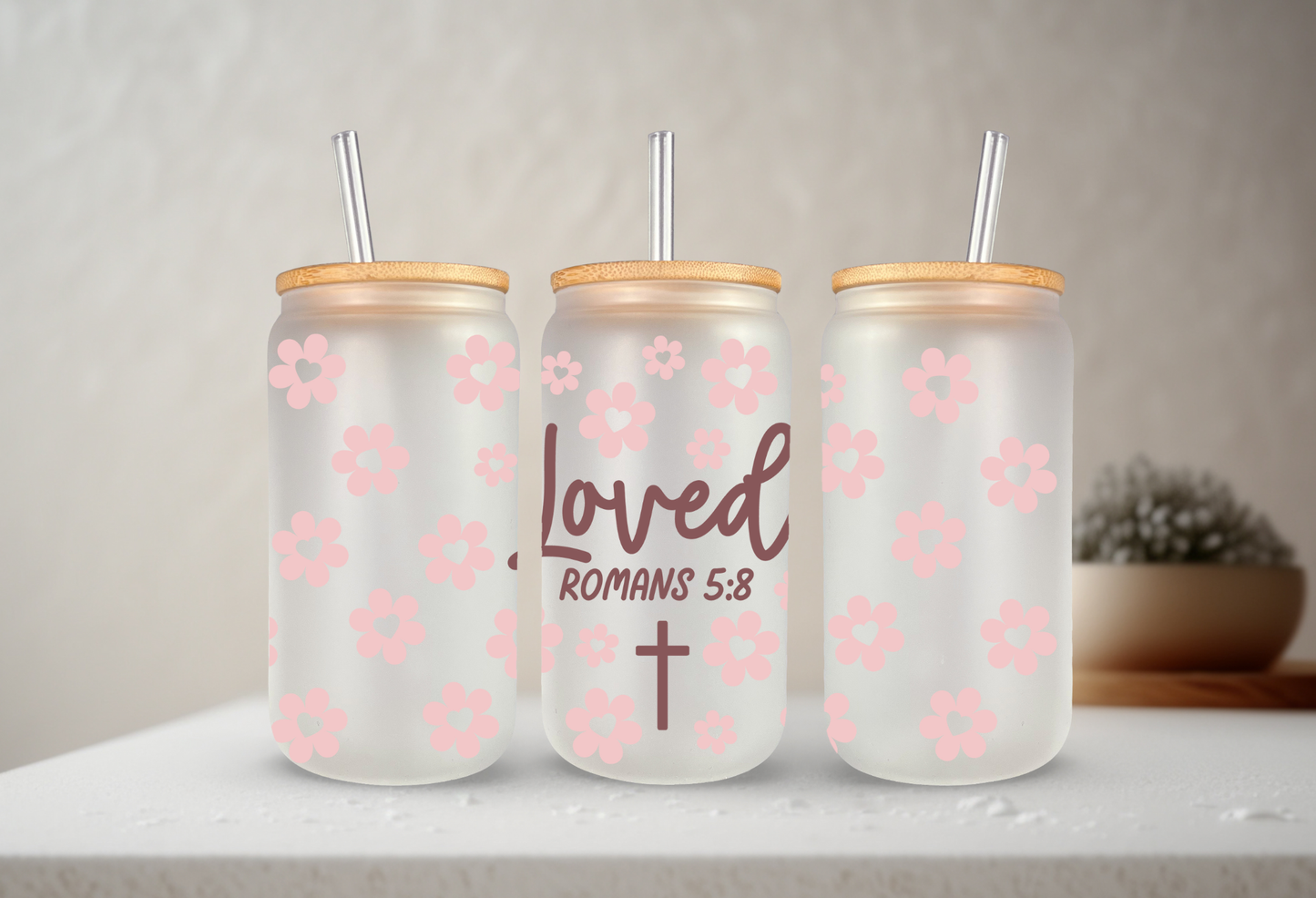 Loved - Romans 5:8 | UVDTF | 20 oz Libbey Can Glass with Bamboo Lid & Straw
