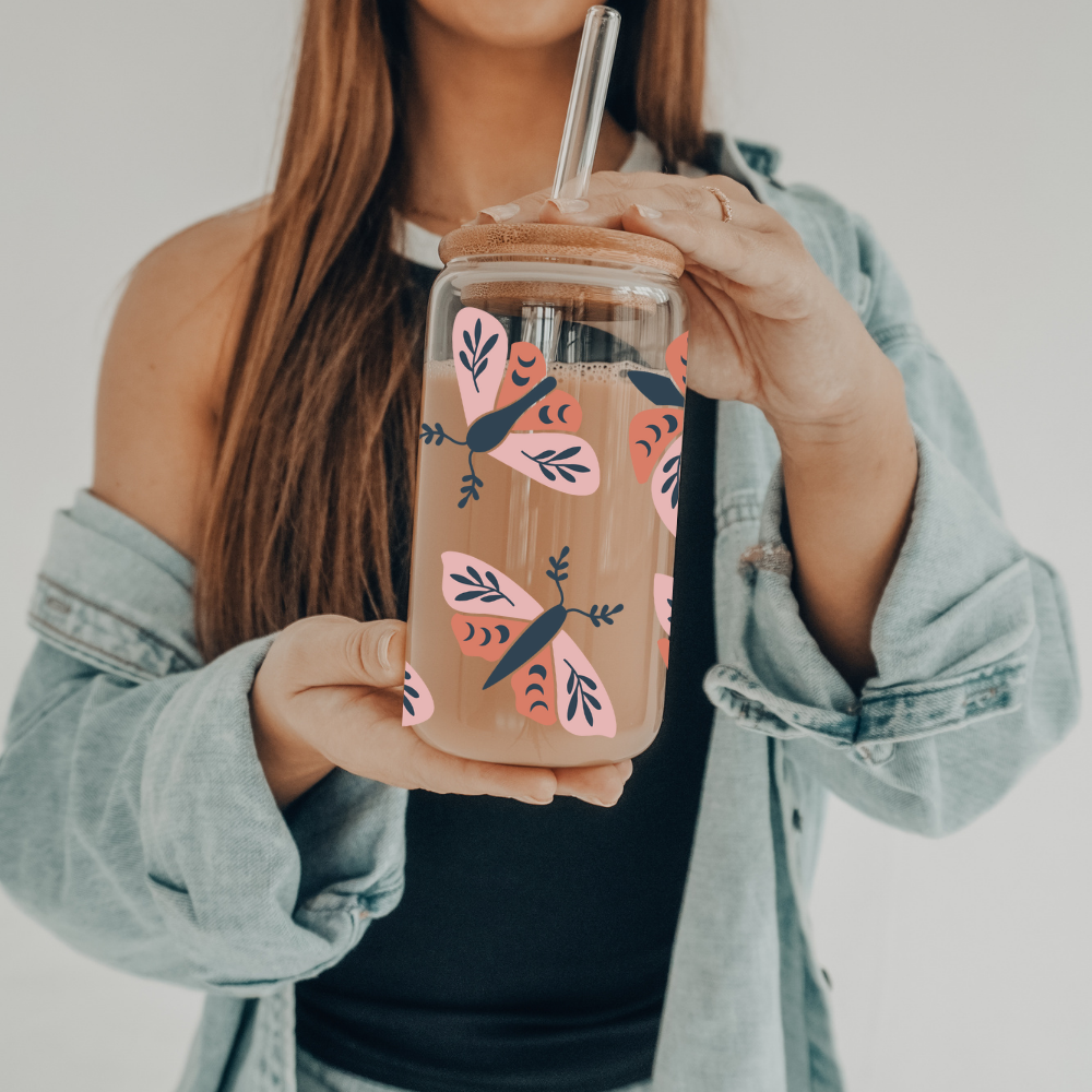 Boho Moth | VINYL | 20 oz Libbey Can Glass with Bamboo Lid & Straw