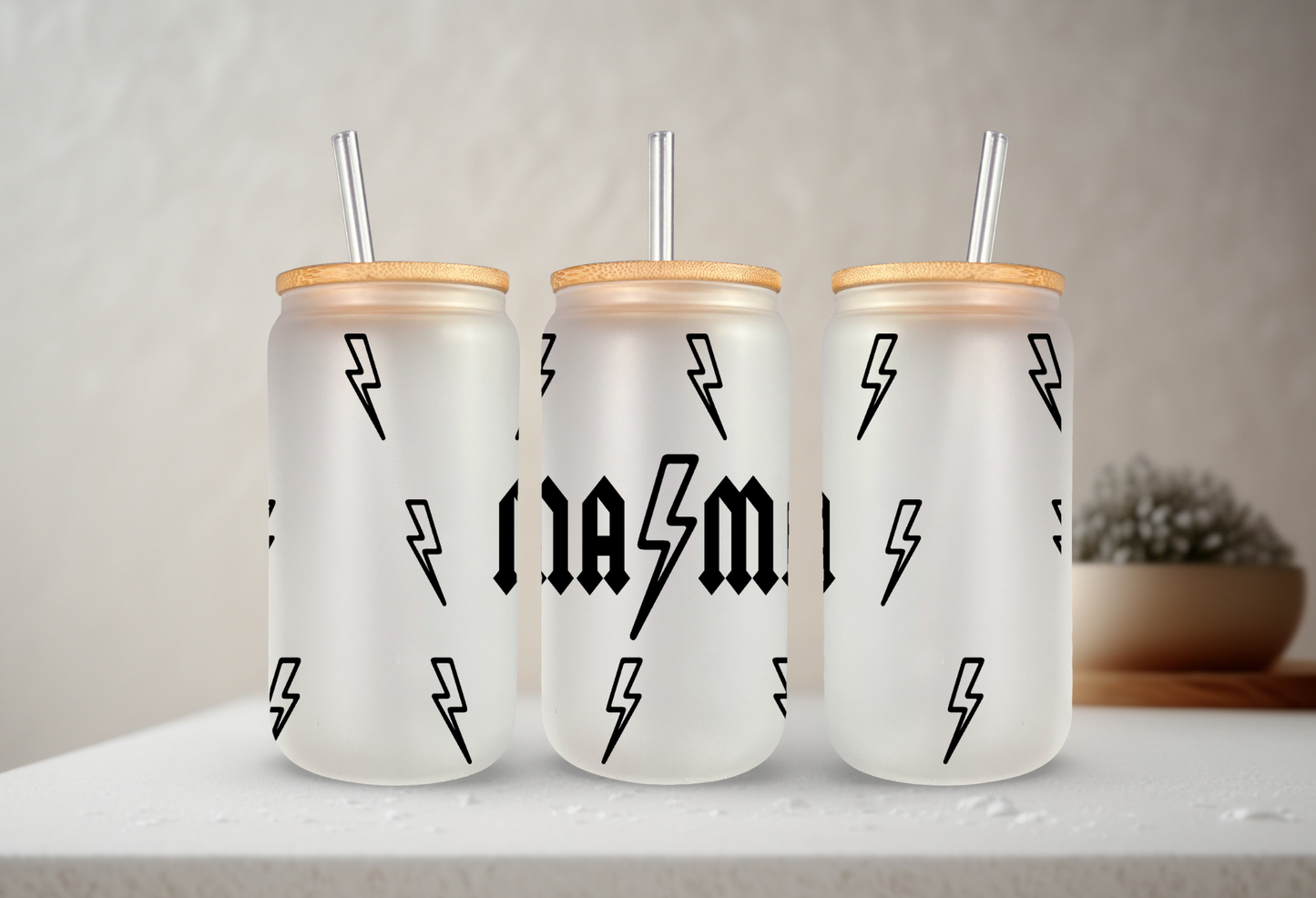 Mama Lightning Bolt | UVDTF | 20 oz Libbey Can Glass with Bamboo Lid & Straw