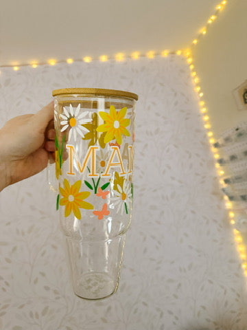 Summer Meadow - Mama | UVDTF | 40 oz Glass Tumbler with Bamboo Lid & Straw