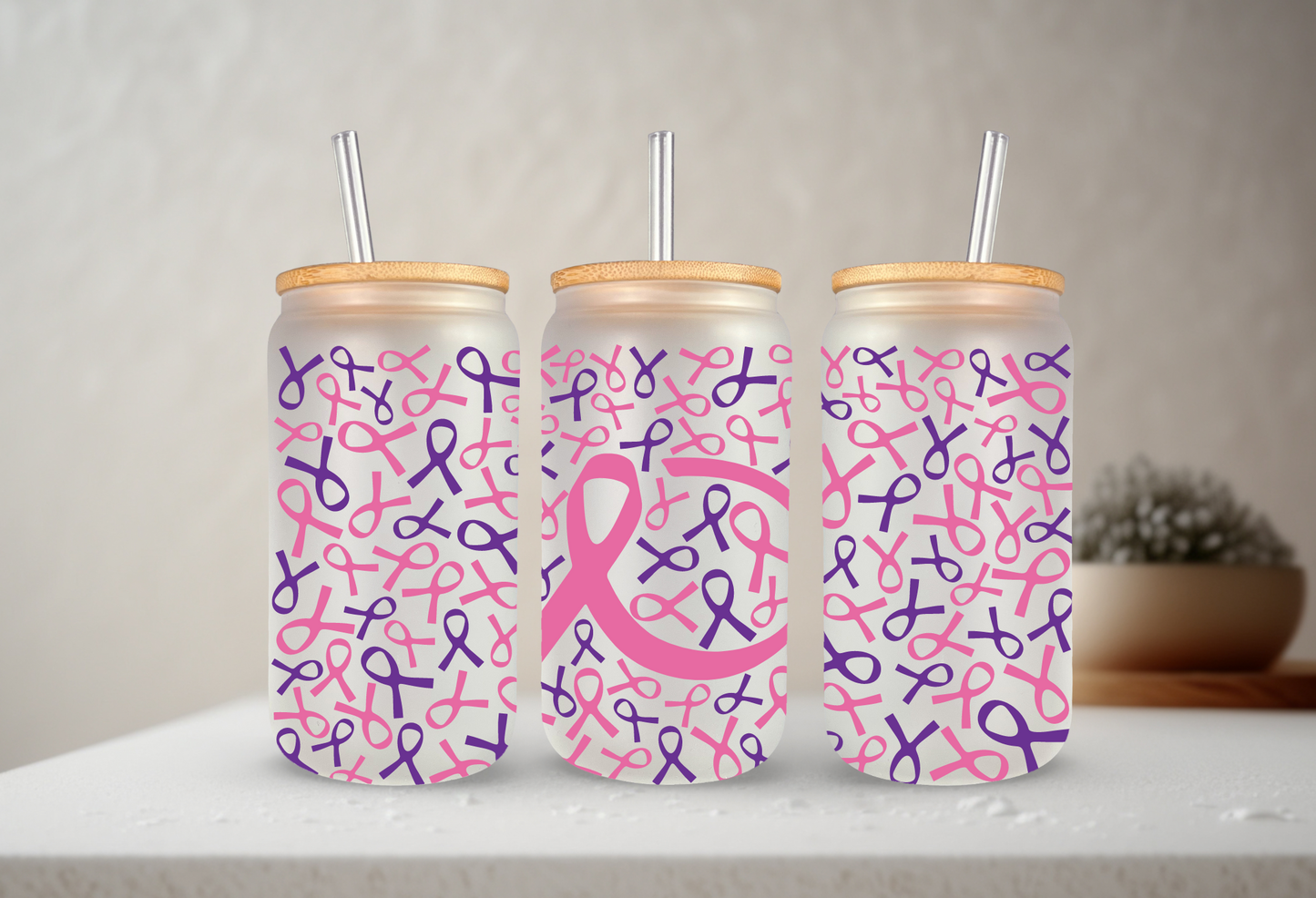 Awareness Ribbon (Choose Your Color) | UVDTF | 20 oz Libbey Can Glass with Bamboo Lid & Straw