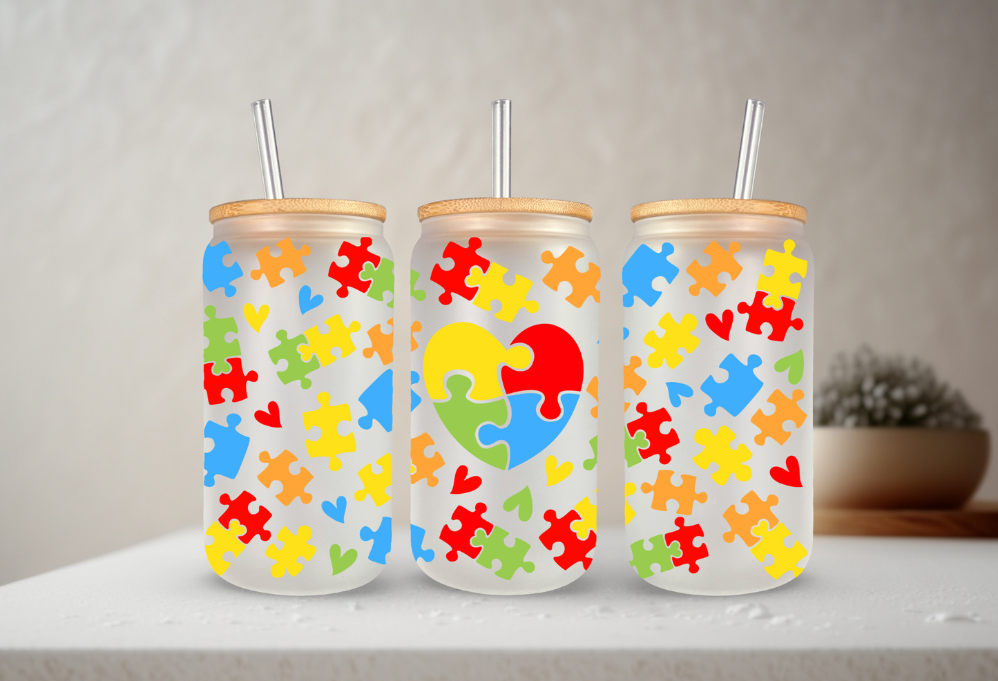 Autism Love | UVDTF | 20 oz Libbey Can Glass with Bamboo Lid & Straw