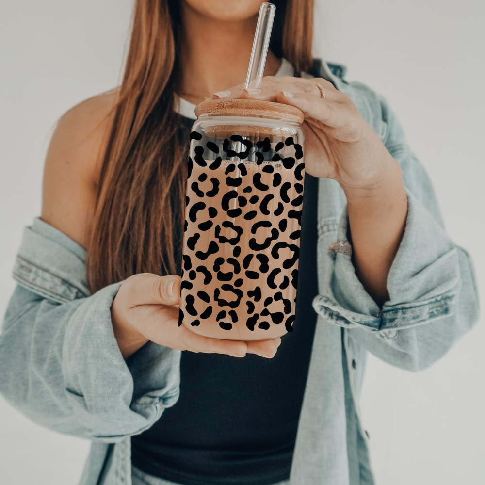 Cheetah Print | VINYL | 20 oz Libbey Can Glass with Bamboo Lid & Straw