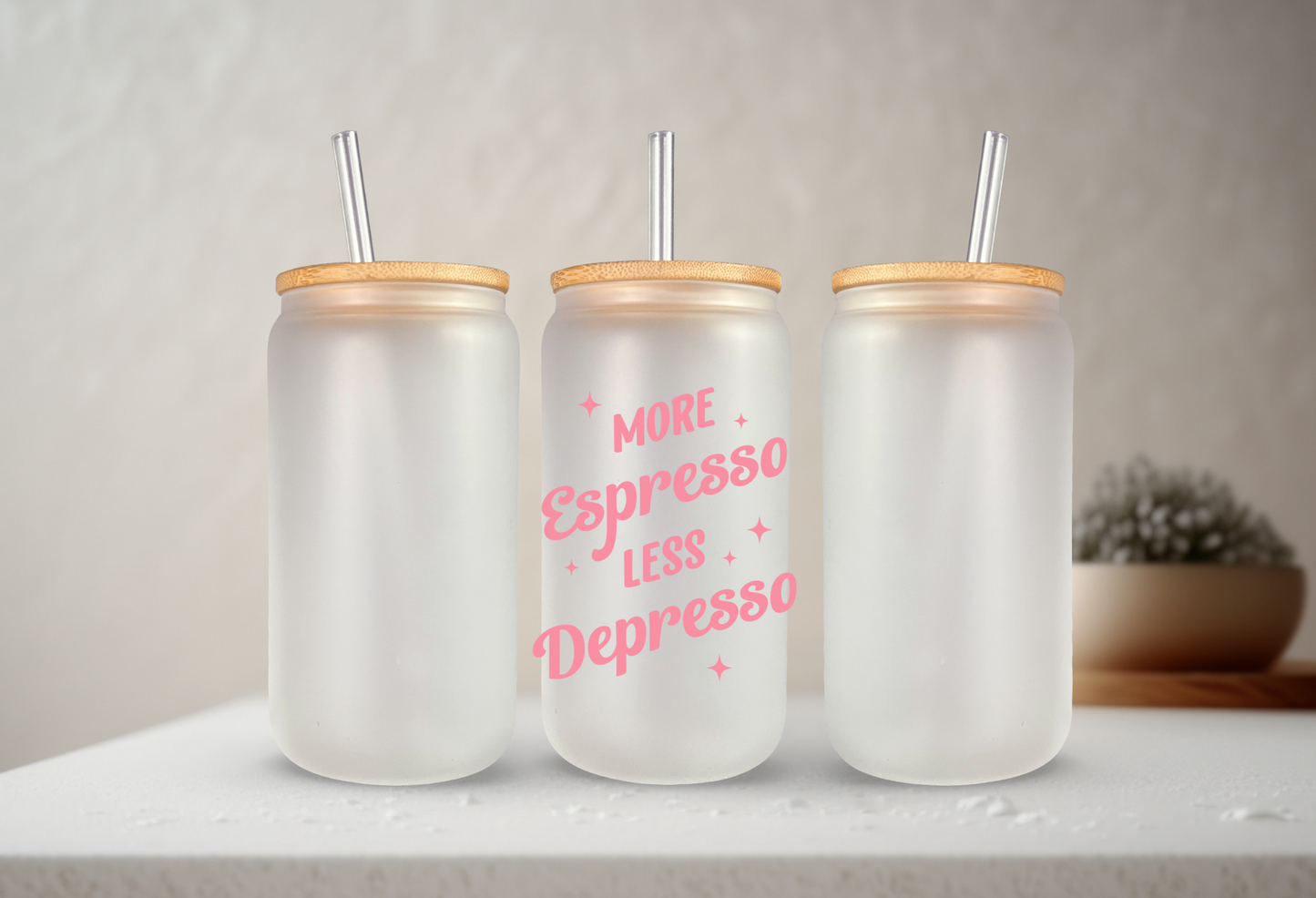 More Espresso, Less Depresso | UVDTF | 20 oz Libbey Can Glass with Bamboo Lid & Straw