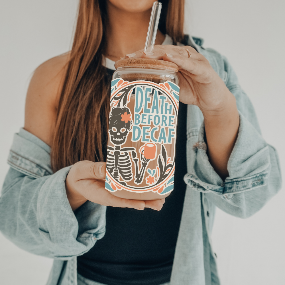 Death Before Decaf | VINYL | 20 oz Libbey Can Glass with Bamboo Lid & Straw