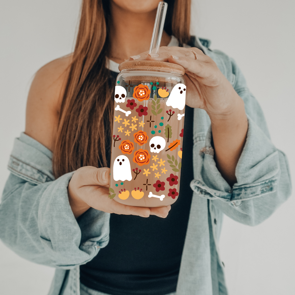 Floral Halloween | VINYL | 20 oz Libbey Can Glass with Bamboo Lid & Straw