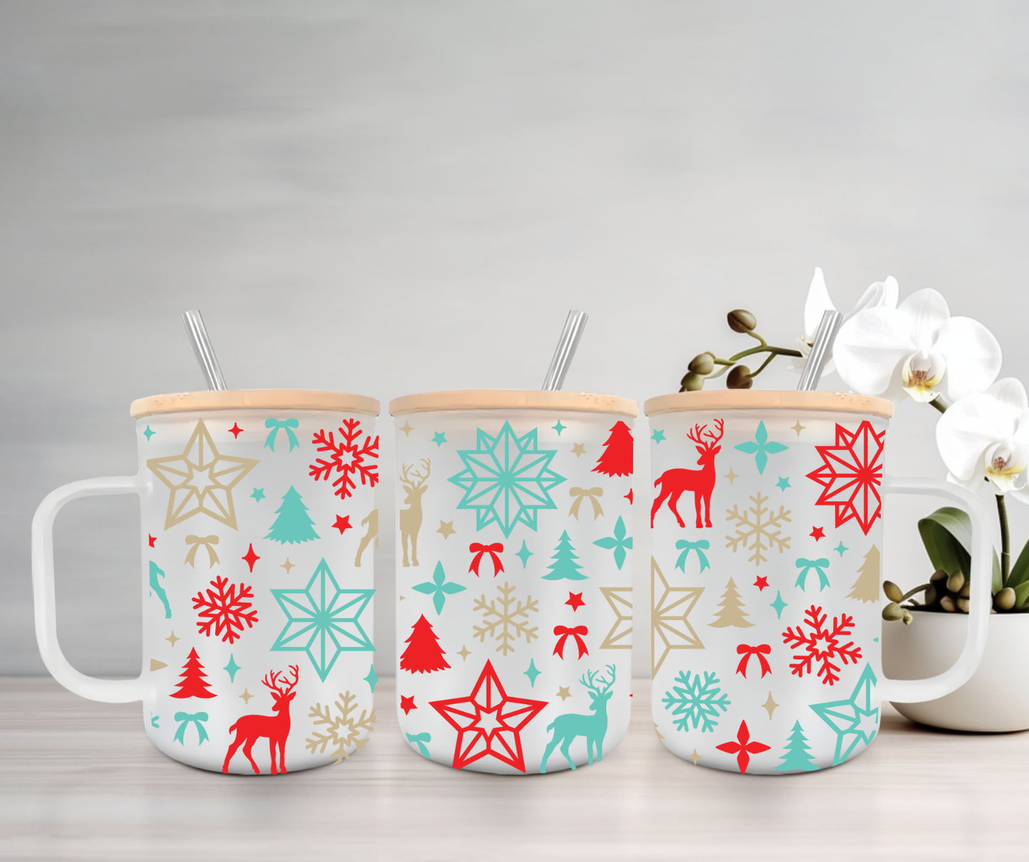 Geometric Christmas | UVDTF | 15oz Mug with Handle, Bamboo Lid & Straw