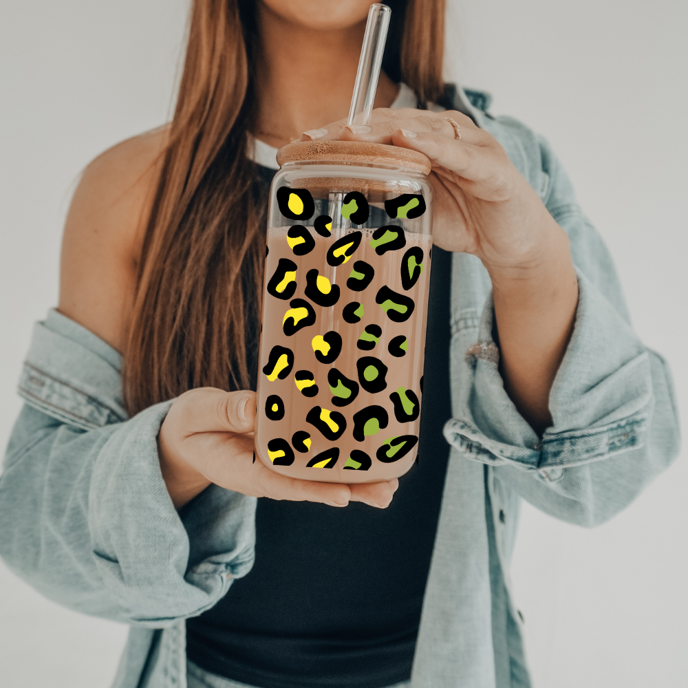 Neon Cheetah | VINYL | 20 oz Libbey Can Glass with Bamboo Lid & Straw