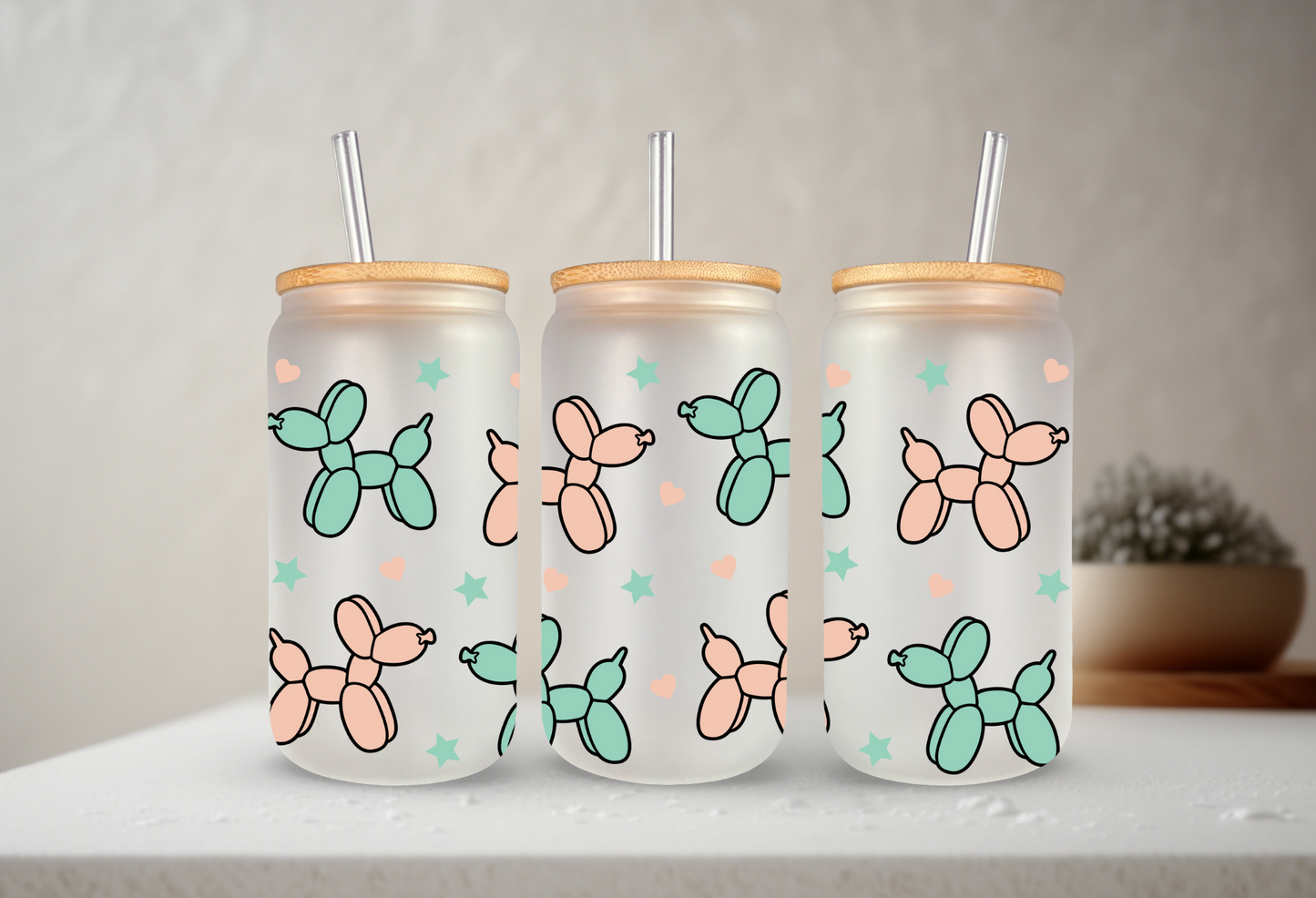 Balloon Dogs | UVDTF | 20 oz Libbey Can Glass with Bamboo Lid & Straw