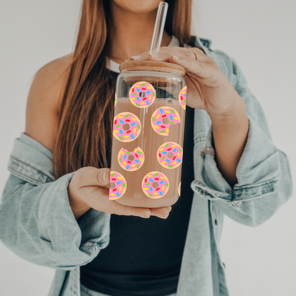 Donuts | UVDTF | 20 oz Libbey Can Glass with Bamboo Lid & Straw