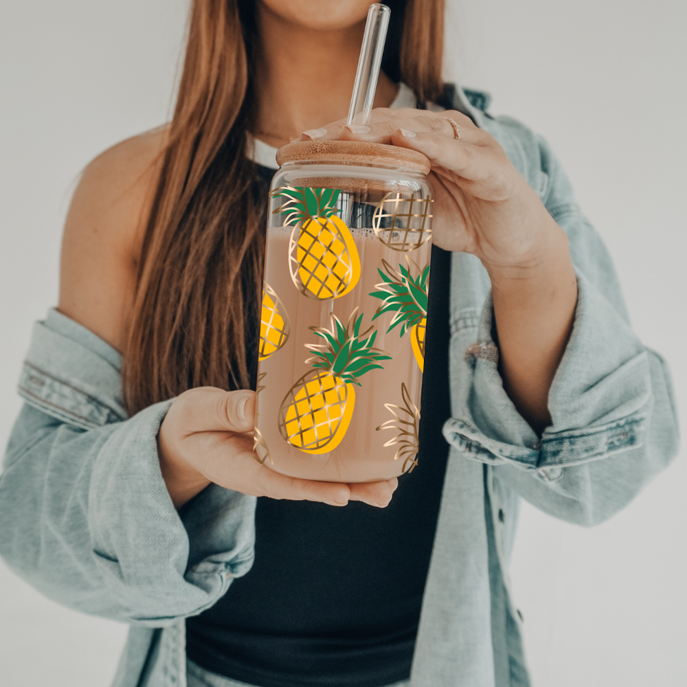 Pineapples | UVDTF | 20 oz Libbey Can Glass with Bamboo Lid & Straw