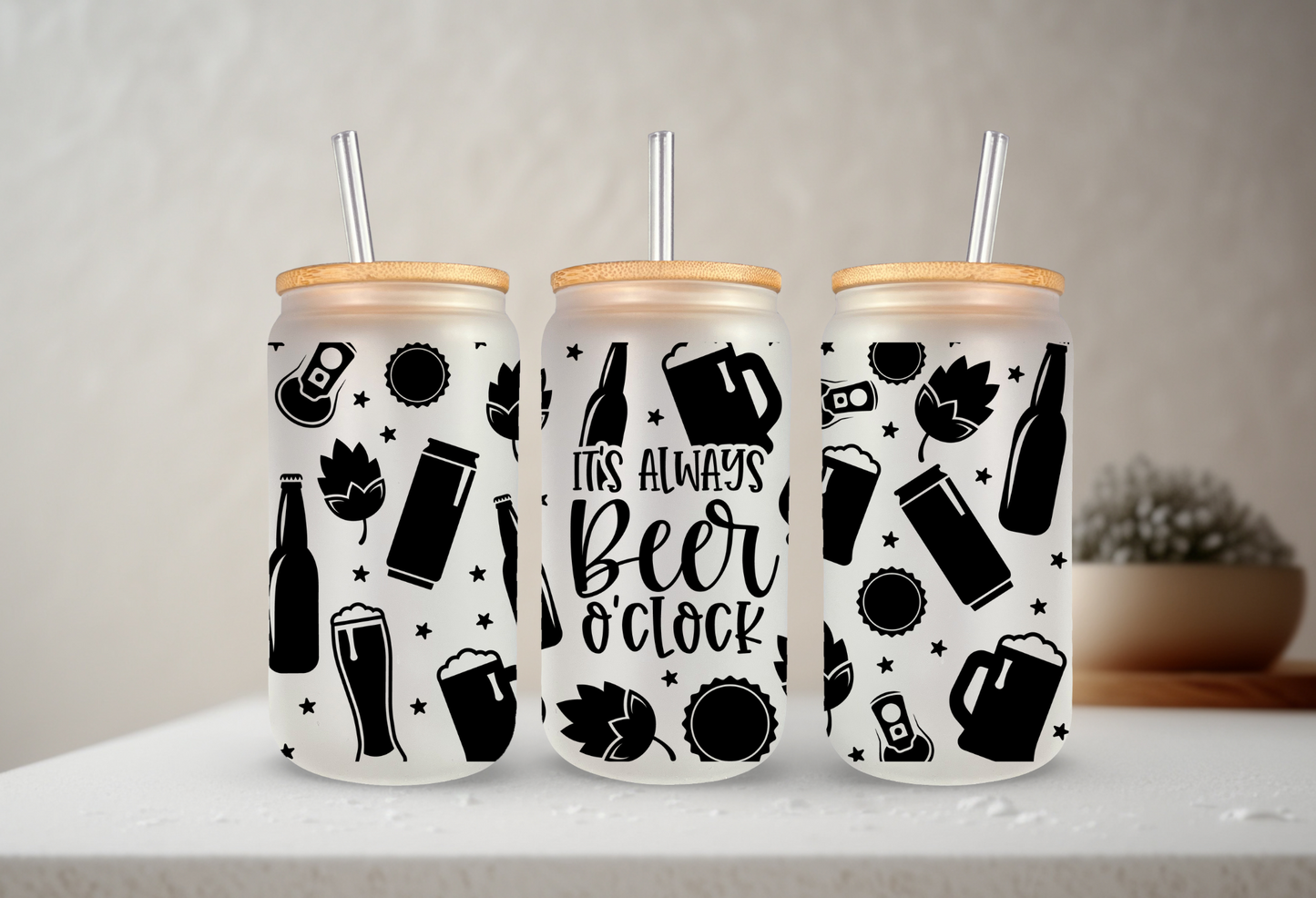 Beer O'Clock | UVDTF | 20 oz Libbey Can Glass with Bamboo Lid & Straw