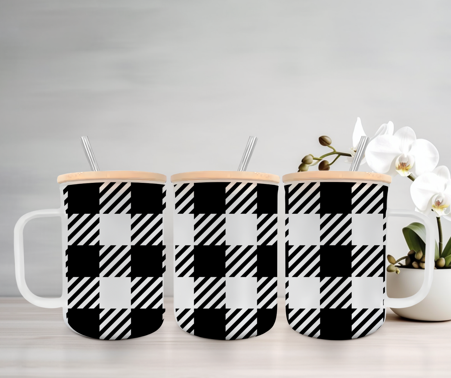 Gingham | UVDTF | 15oz Mug with Handle, Bamboo Lid & Straw