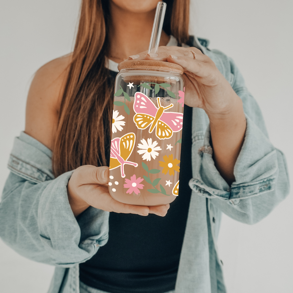 Spring Butterfly | VINYL | 20 oz Libbey Can Glass with Bamboo Lid & Straw