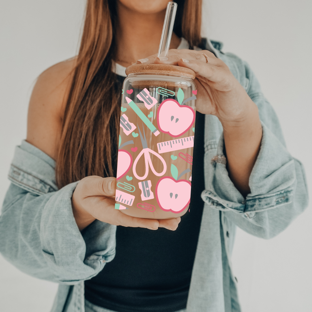 Pastel Teacher | VINYL | 20 oz Libbey Can Glass with Bamboo Lid & Straw