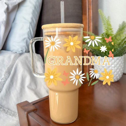 Summer Meadow - Grandma | UVDTF | 40 oz Glass Tumbler with Bamboo Lid & Straw