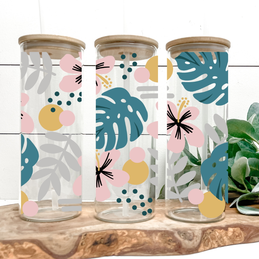 Hawaiian Floral | UVDTF | 25oz Skinny Glass Tumbler with Bamboo Lid & Straw