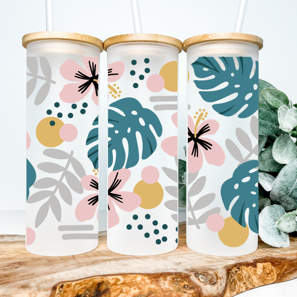Hawaiian Floral | UVDTF | 25oz Skinny Glass Tumbler with Bamboo Lid & Straw